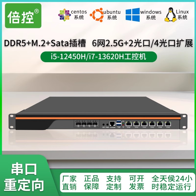 倍控i5-12450h i7-13620h工控机6网2.5G万兆2光口 4光口扩展4G 5G WIFI6模块插槽软路由服务器1U机架式ros